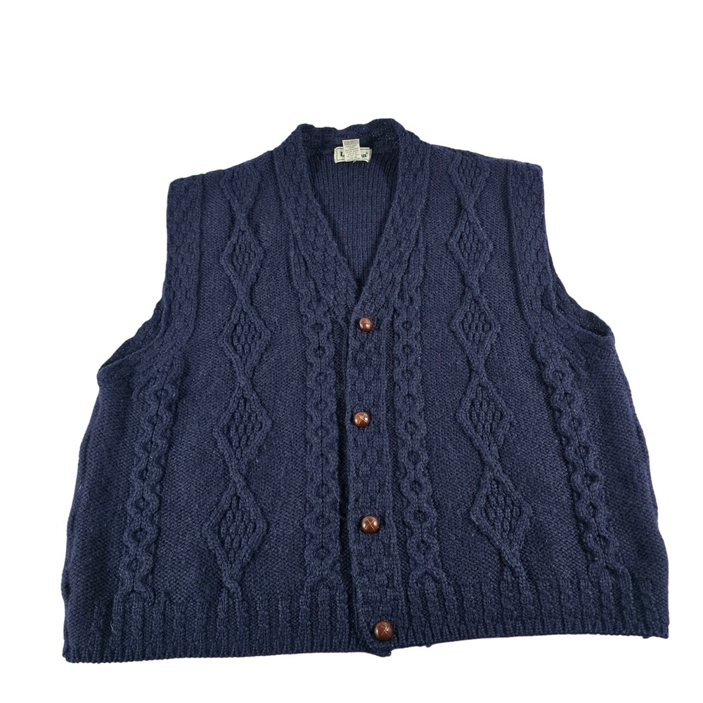 LL Bean Mens Navy Blue 100% Wool Cable Knit Sweater Vest Made in Ireland Large
